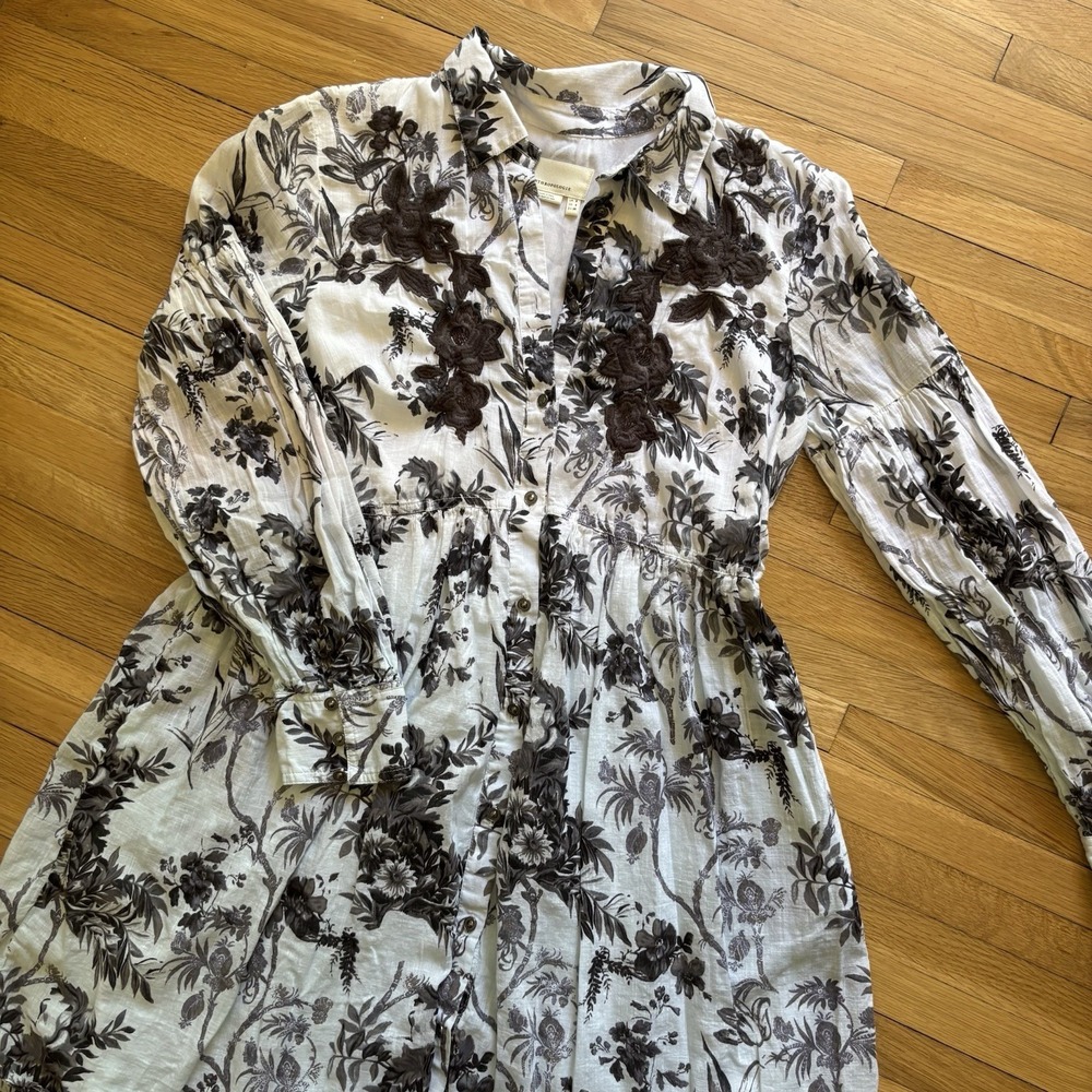 ANTHROPOLOGIE Embroidered Mini Shirt Dress Womens 4 Ombré Floral Festival Boho